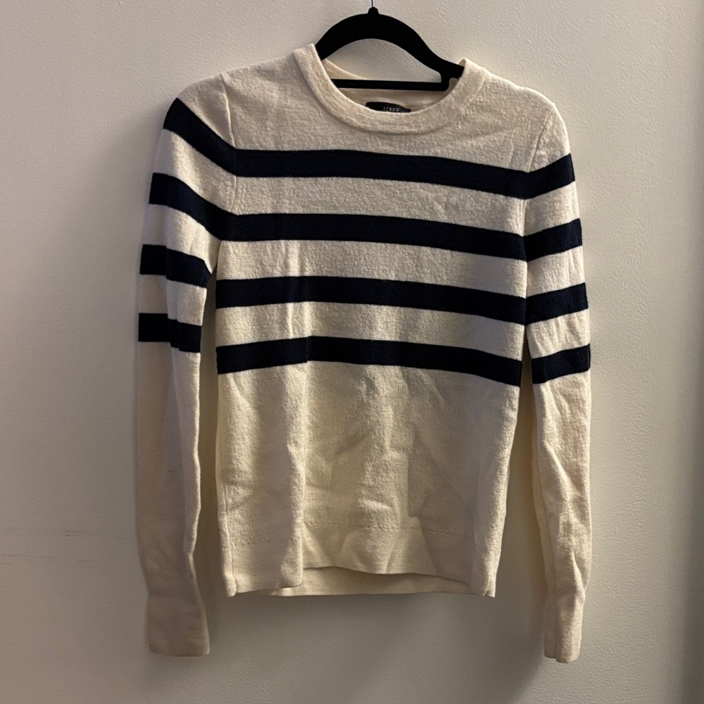J. Crew Women's Navy and Cream Striped Sweater